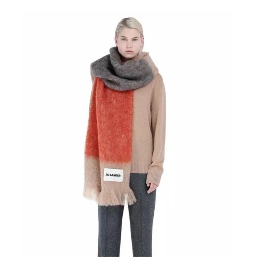 Jil Sander Colorblock Mohair-Blend Scarf in Orange, Gray and Tan